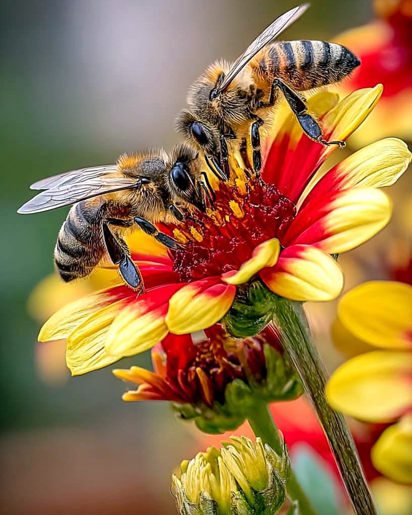 Honeybee gathering nectar from a vivid flower