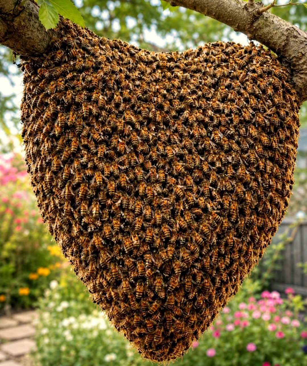 Bee swarm gathered on a branch awaiting relocation